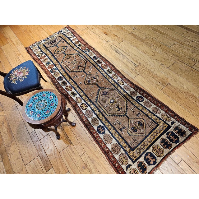 Persian Antique 19th C. Persian Kurdish Tribal Runner Rug, Hand-Knotted Wool, Geometric Pattern, 3x10, Camelhair & Ivory For Sale - Image 3 of 15