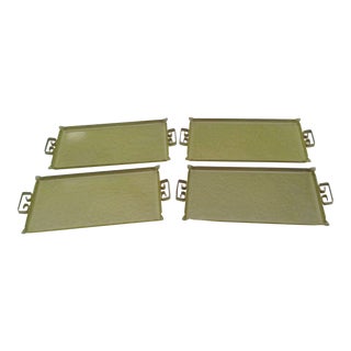 Mid-Century Kyes Moire Greek Key Green Appetizer Trays, Set of 4 For Sale