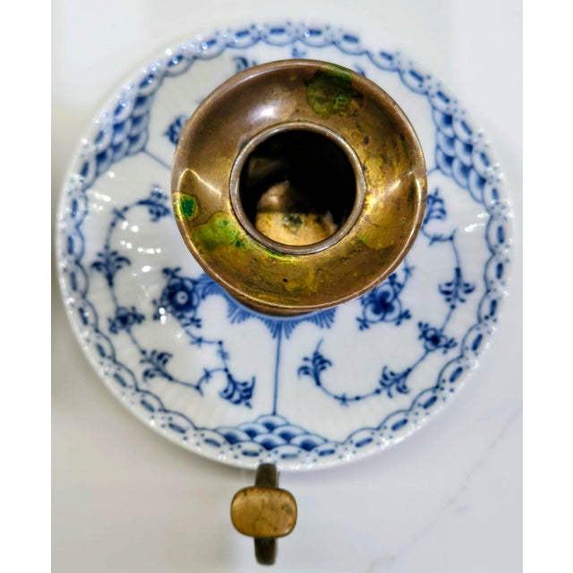Pair of Vintage Royal Copenhagen Blue Fluted Brass Push-Up Chambersticks, Denmark For Sale - Image 9 of 15
