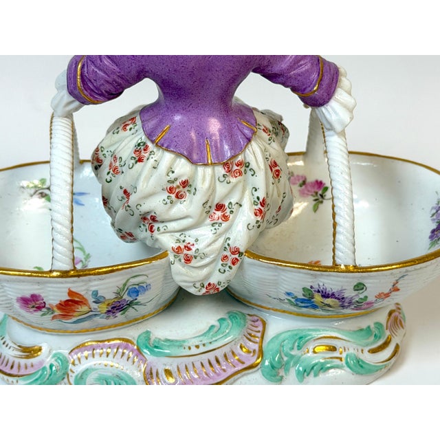 Meissen Rococo Figural Sweetmeat Dish Seated Maiden with Twin Floral Baskets For Sale - Image 12 of 13