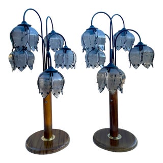 Pair of Vintage Hollywood Regency Lotus Flower Waterfall Table Lamps-Smokey Glass For Sale