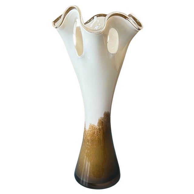 Dale Chihuly Art Glass Brown White Looped Rim Vase For Sale - Image 4 of 18