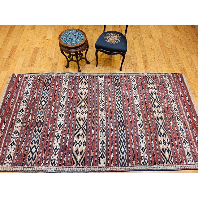 Antique Turkmen Yomut Soumak Kilim, Handwoven Wool, Geometric Pattern, Rust & Blue, 5’ X 10’ For Sale - Image 4 of 13