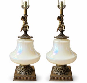 Oversized Vintage Hollywood Regency Opaline Glass Brass Cherub Table Lamps - A Pair