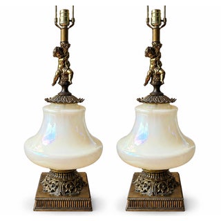 Oversized Vintage Hollywood Regency Opaline Glass Brass Cherub Table Lamps Restored - A Pair For Sale