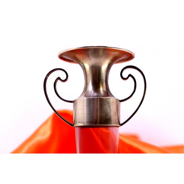 Silver Candlestick with Handles, Lilac Glass Core and Smooth Circular Base For Sale - Image 4 of 7