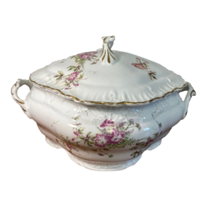Antique Austrian Porcelain Covered Vegetable Dish Pink Floral Gold Trim Handles