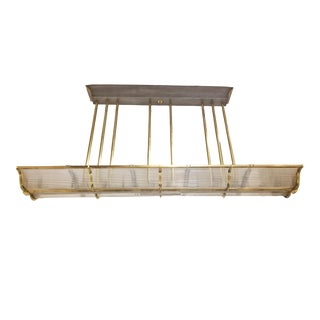 Enormous 7 Foot Wide Mid 20th Century Rectangular Billiard Shape Glass, Steel + Brass Chandelier For Sale
