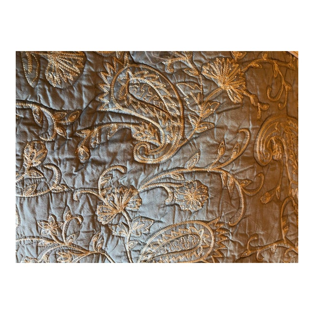 Coverlet, Aqua Cal King With Swirled Dusty Gold Embroidery For Sale