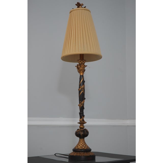 Traditional Regency Style Pair of Black & Gold Tall Table Lamps W. Dragonflies For Sale - Image 3 of 13