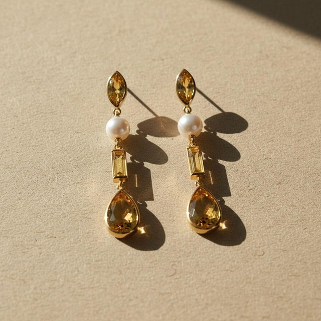 Modern Citrine & Pearl Drop Earrings Studs, Silver, Gold, Pair For Sale - Image 3 of 7