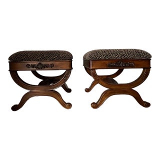 Late 20th Century Pair of Wood and Upholstery Accent Stools For Sale