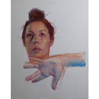 Head Study 3 by Richard T Scott | Oil on panel Portrait of a woman with a raised hand. For Sale