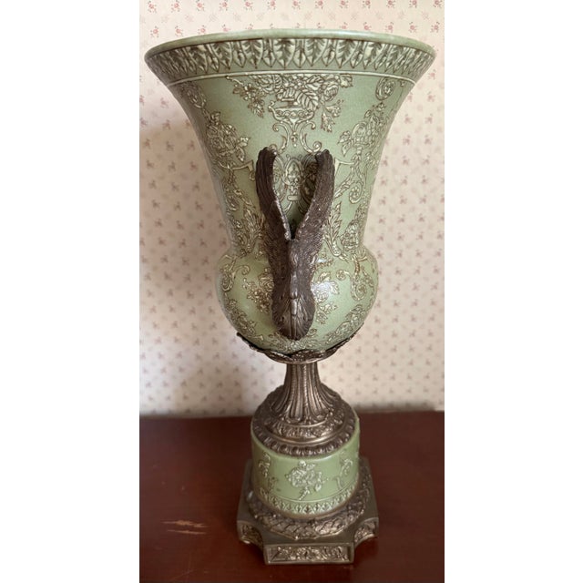 Vintage Hua Rong Tang Zhi Bronze Mounted Sage Green Crackle Porcelain Urn Vase For Sale - Image 11 of 12