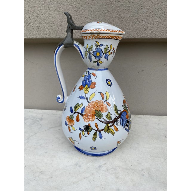 Rare French Faience Pitcher With Lid Rouen Style Circa 1900 For Sale - Image 9 of 11