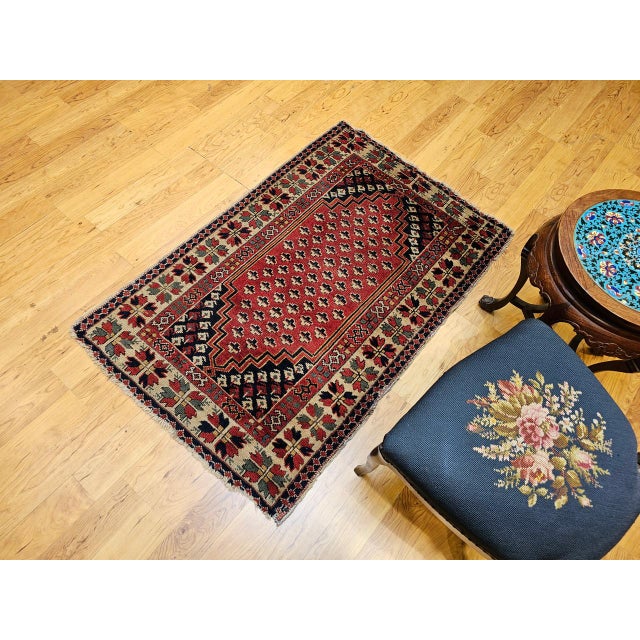 Turkish Vintage Turkish Village Area Rug, Hand-Knotted Wool, Red & Navy, 1950s, 3' x 5' For Sale - Image 3 of 15