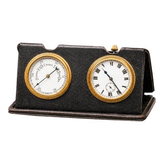 Charming Portable Antique Hand Painted Porcelain Travel Desk Clock Barometer Leather Case Home Decor For Sale