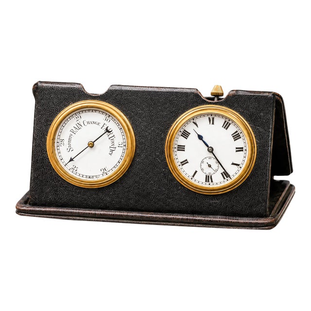 Charming Portable Antique Hand Painted Porcelain Travel Desk Clock Barometer Leather Case Home Decor For Sale