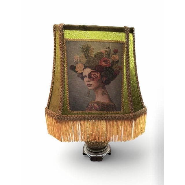 Olive Custom Olive Velvet Lampshade With Portrait Panel and Gold Fringe For Sale - Image 8 of 8