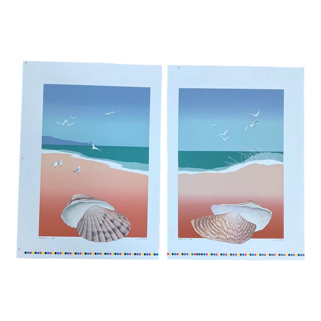 1980’s Two Original Contemporary Beach Seashell Lithograph by Jung Park “Shell I&ii” Set of Two For Sale