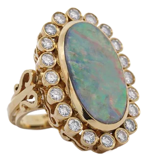 1990s Oval Boulder Opal & 2 Carat Round Cut Diamond Halo 18k Gold Vintage Ring, Size 6