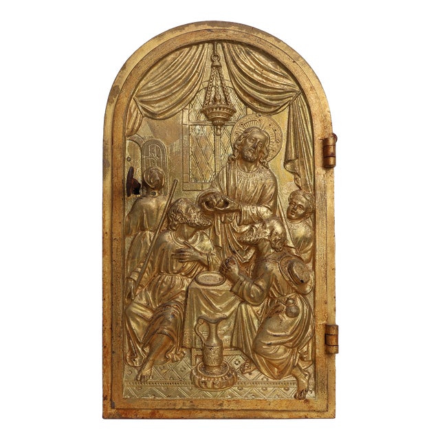 Neo‑Gothic Tabernacle Door with Gilded Bronze Last Supper Plaque, France, 1880 For Sale