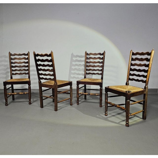 Rustic Oak Farmhouse Ladderback Dining Chairs with Rush Seats, 1960s, Set of 4 For Sale - Image 17 of 18