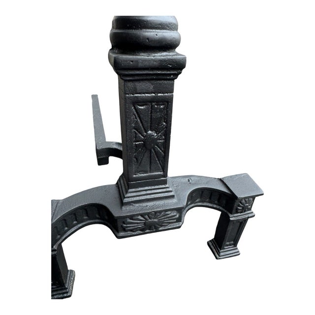 Pair 1920s Cast Iron Fireplace Andirons Neoclassical Urn Finial Firedogs For Sale - Image 9 of 18