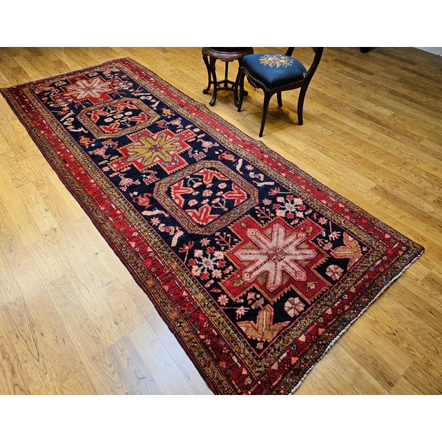 Vintage Persian Hamadan Gallery Rug, Hand-Knotted Wool, Geometric Bird Motifs Design, Navy & Red, 5’ X 11’ For Sale - Image 12 of 14