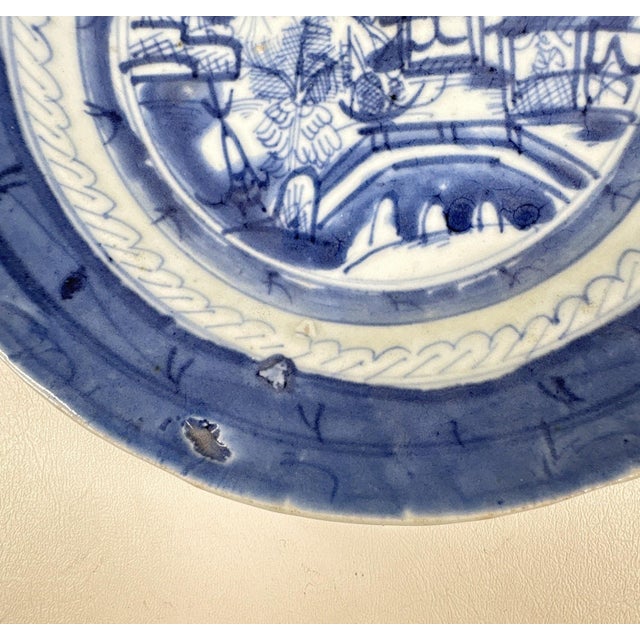 Chinese Antique 19th Century Chinese Canton Export Blue & White 8.75" Shallow Bowl For Sale - Image 3 of 5