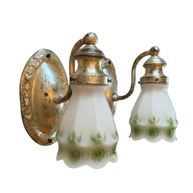 Silver Antique Silverplate Gooseneck Wall Sconccs With White and Green Flower Shades - a Pair For Sale - Image 8 of 8