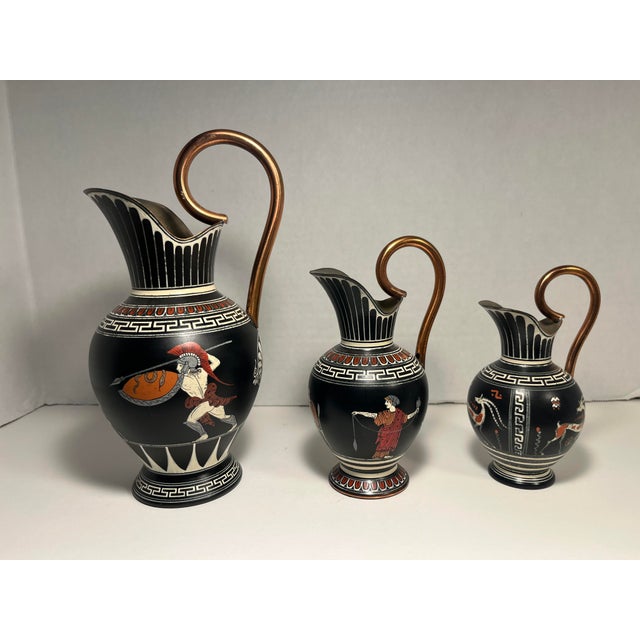Set of Three Vintage Classic Greek Mythology Copper Painted Water Pitchers Hand Made in Greece Very good original condition!