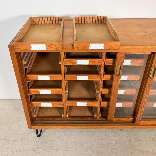 Metal Vintage German Pine Sideboard with 24 Drawers and Glass Sliding Doors, 1960s For Sale - Image 7 of 14