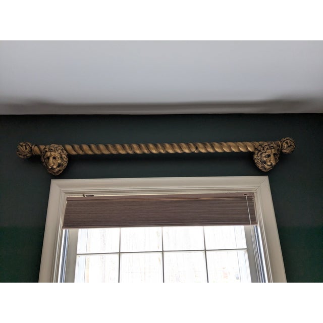 Baroque Set of Heavy Carved Wood Curtain Rods, Finials & Lion Head Brackets, 10 Pieces For Sale - Image 3 of 12