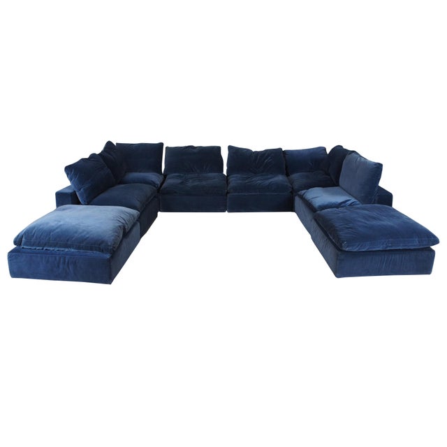 Modern Restoration Hardware Cloud Modern Modular Blue Felt Sofa Sectional & Ottoman Set For Sale - Image 3 of 16