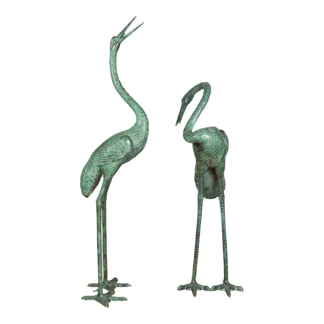 Contemporary Verdigris Bronze Crane Sculptures Tubed as Fountains - A Pair For Sale