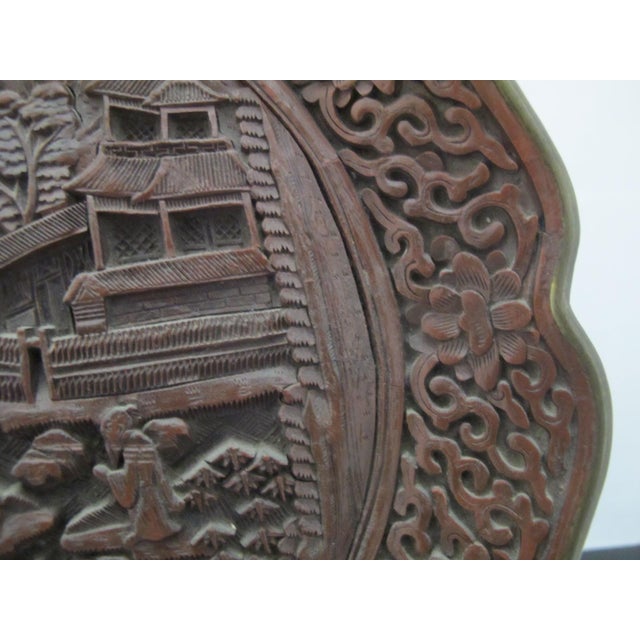 Red Chinese Cinnabar Lacquer Style Resin Village Scene 10" Plate Pair With Stands For Sale - Image 8 of 18