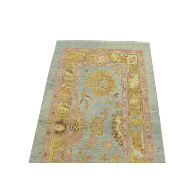 Modern Blue & Pink Handwoven Turkish Oushak Rug 2'10" X 5' For Sale - Image 3 of 5