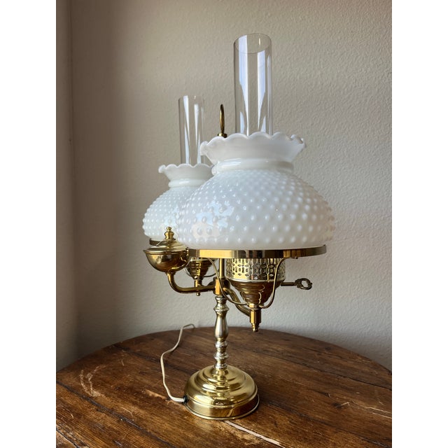 Fenton Art Glass Company Vintage Milk Glass Double Arm, Double Globe Student Lamp Classic Fenton Hobnail For Sale - Image 4 of 12