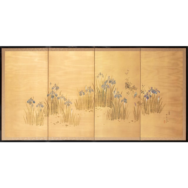 "Iris and Kingfisher", Showa Era Ogata Kōrin Style Japanese Painted Silk Byobu Screen For Sale - Image 17 of 17