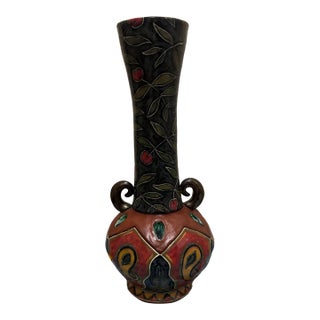 Vintage Art Nouveau Style Studio Pottery Vase – Hand-Painted Floral & Geometric Twin-Handled Ceramic Vase For Sale