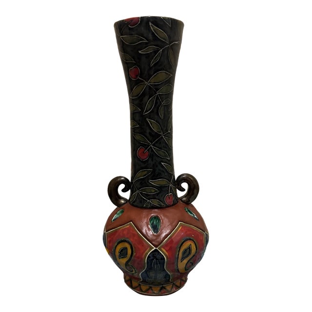 Vintage Art Nouveau Style Studio Pottery Vase – Hand-Painted Floral & Geometric Twin-Handled Ceramic Vase For Sale
