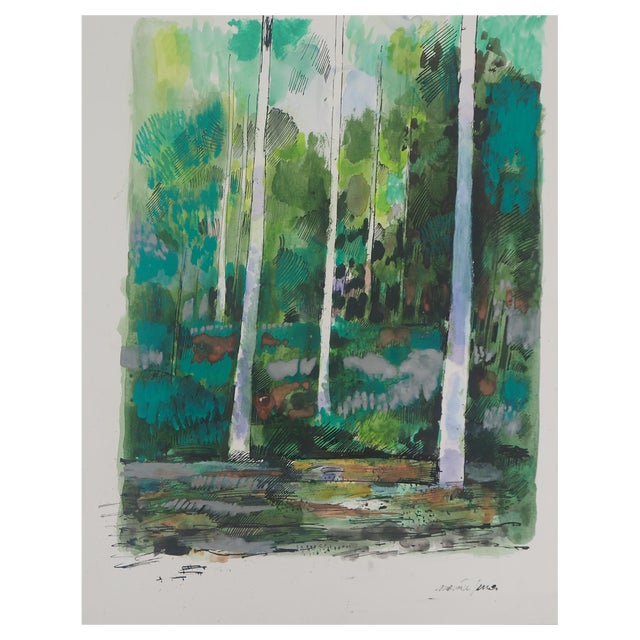 Maurice Genis, Fauve Landscape: Birches, Original Watercolor For Sale