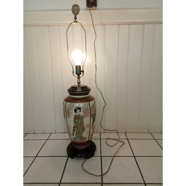 1930s 1930s Asian Ceramic + Wood Satsuma Crackle Glaze Hand Painted 32" Lamp For Sale - Image 5 of 15