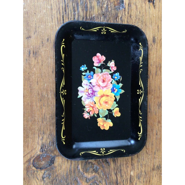 Metal Antique American Painted Decorated Tole Tray in Black and Gold For Sale - Image 7 of 8