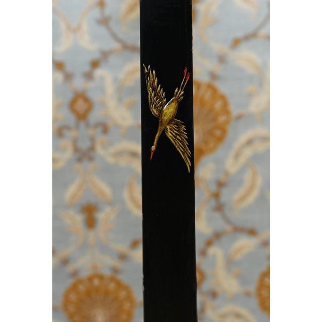 Elegant edwardian floor lamp in black lacquer also features intricate chinoiserie work on all surfaces in gold with red...