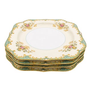 1930s Noritake Tiffany Floral & Aqua Gold Salad Dessert Plates - Set of 4 For Sale