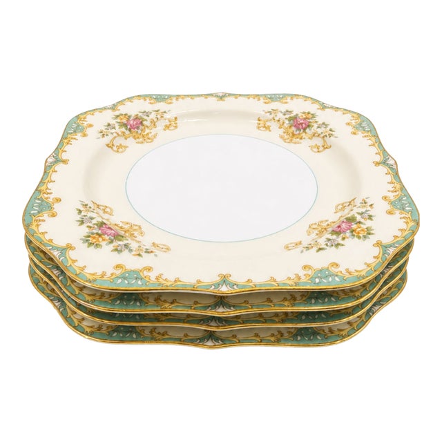 1930s Noritake Tiffany Floral & Aqua Gold Salad Dessert Plates - Set of 4 For Sale