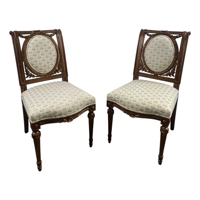 Vintage French Louis XVI Style Oak Side Chairs, Carved Cameo Back, Pair For Sale