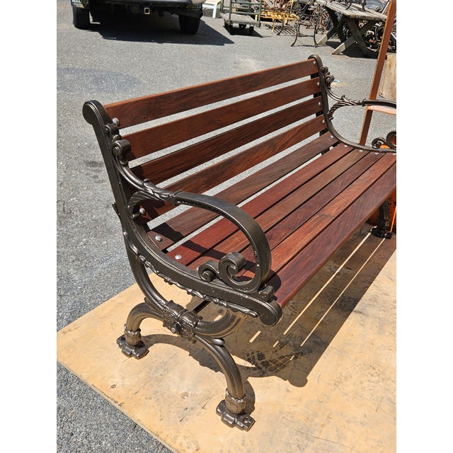 1950s Attributed Restored Woodstock, Vermont Bench Mfg. Co. Cast Iron Garden Bench With Oiled Ipe Slats (Bronze Finish) For Sale In Boston - Image 6 of 12